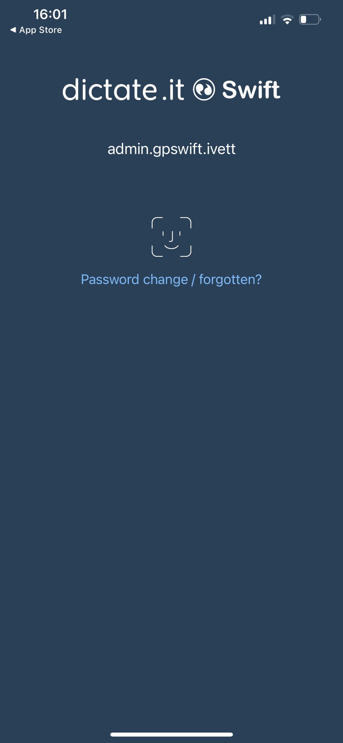 Swift mobile app login screen screenshot with 'Password change / forgotten?' option