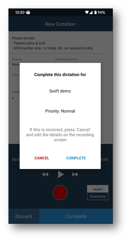 Screenshot of Swift mobile app that asks the user to cancel or delete their dictation