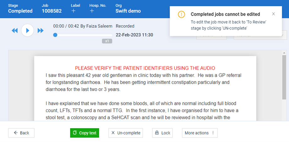 Swift desktop app screenshot of the letter view with the error message 'Completed jobs cannot be edited. To edit the job, move it back 'To Review' stage by clicking 'UN-complete'