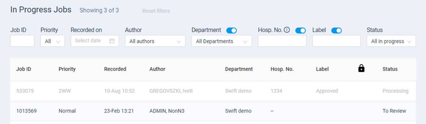 Swift desktop app screenshot of the In Progress screen. The top letter is greyed out with status of 'Processing'