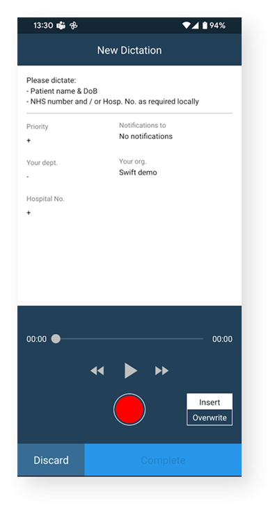 Swift mobile app screenshot of a new dictation