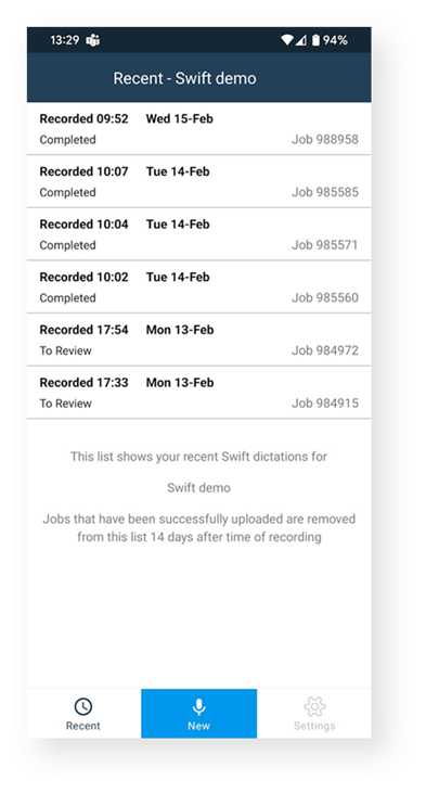 Swift mobile app screenshot of recent dictations